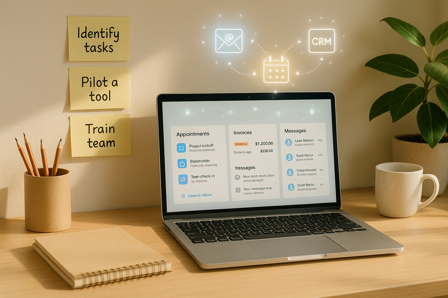 A small business operations desk with a laptop dashboard and sticky notes outlining a simple three-step AI rollout plan.